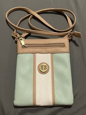 Tan & Mint Crossbody Bag with Gold Emblem
